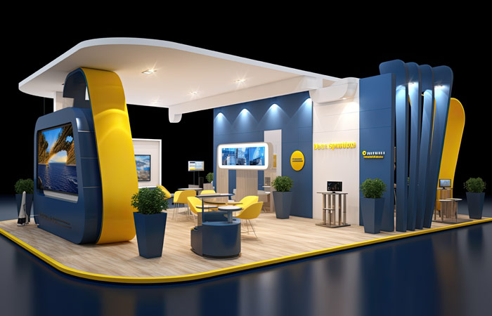 Blue and yellow exhibition booth