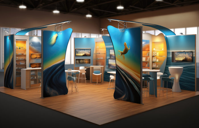 Curved exhibition booth with display areas